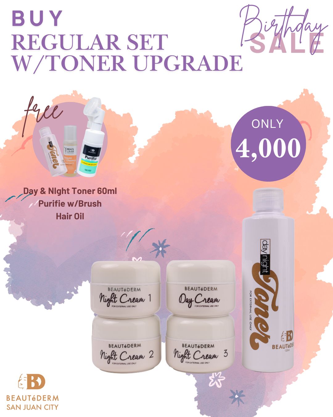 Beautederm Regular Set Toner Upgrade with Free Hair Oil, Day & Night Toner 60ml, and Purifie with Brush