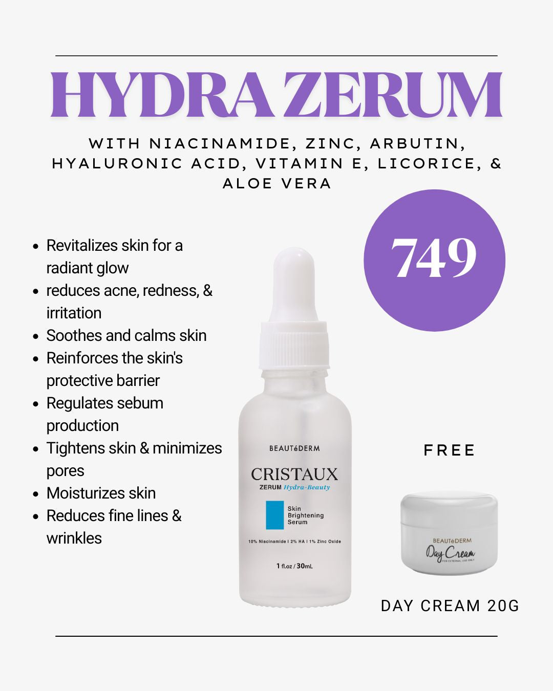 Cristaux Zerum Hydra-Beauty Skin Brightening Serum 30ml Free Day Cream 20g