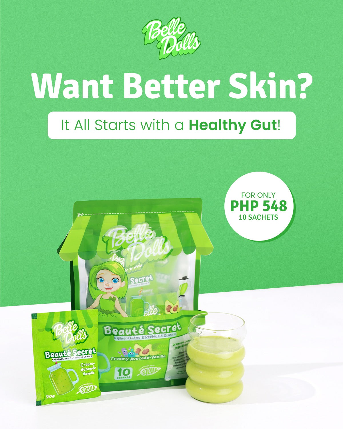 Belle Dolls Creamy Avocado-Vanilla Glutathione & Probiotics Juice Drink