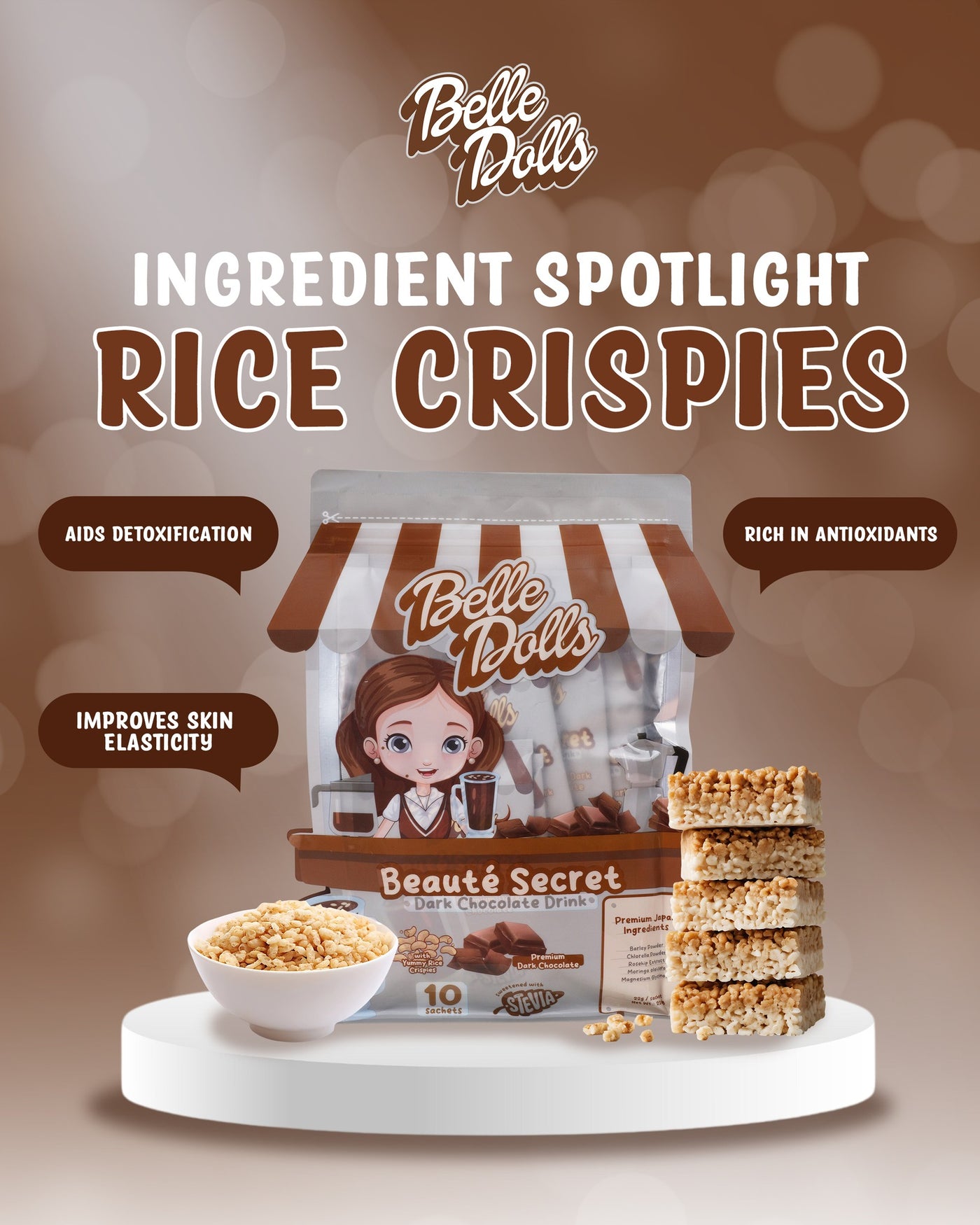 Belle Dolls Premium Dark Chocolate Drink with Rice Crispies - 10 sachets