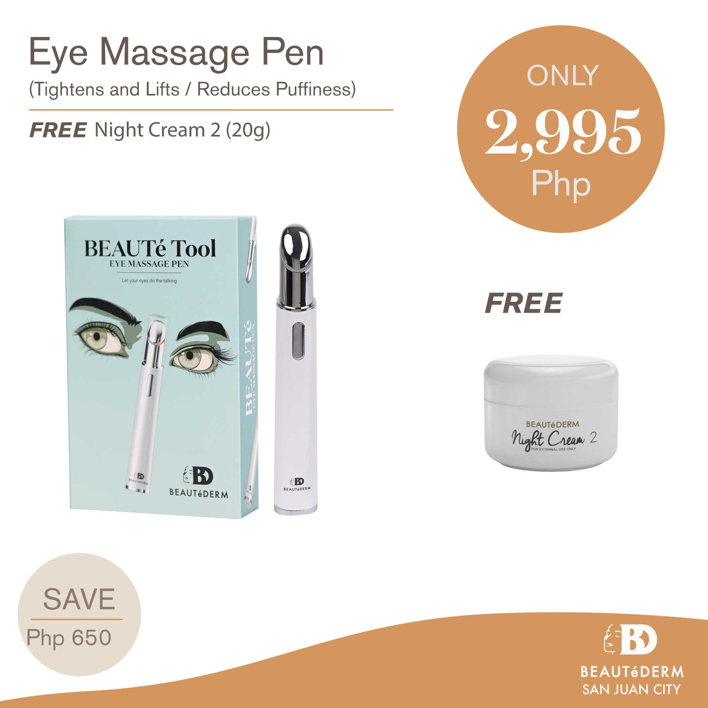 Anti-aging Eye Massager Pen for Dark Circles, Puffiness, and Wrinkles FREE Night Cream 2 (20g)