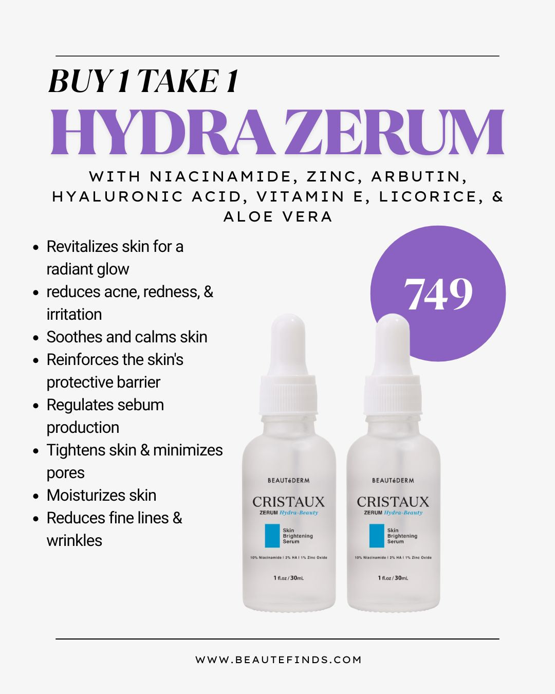 Buy 1 Take 1 Cristaux Zerum Hydra-Beauty Skin Brightening Serum 30ml